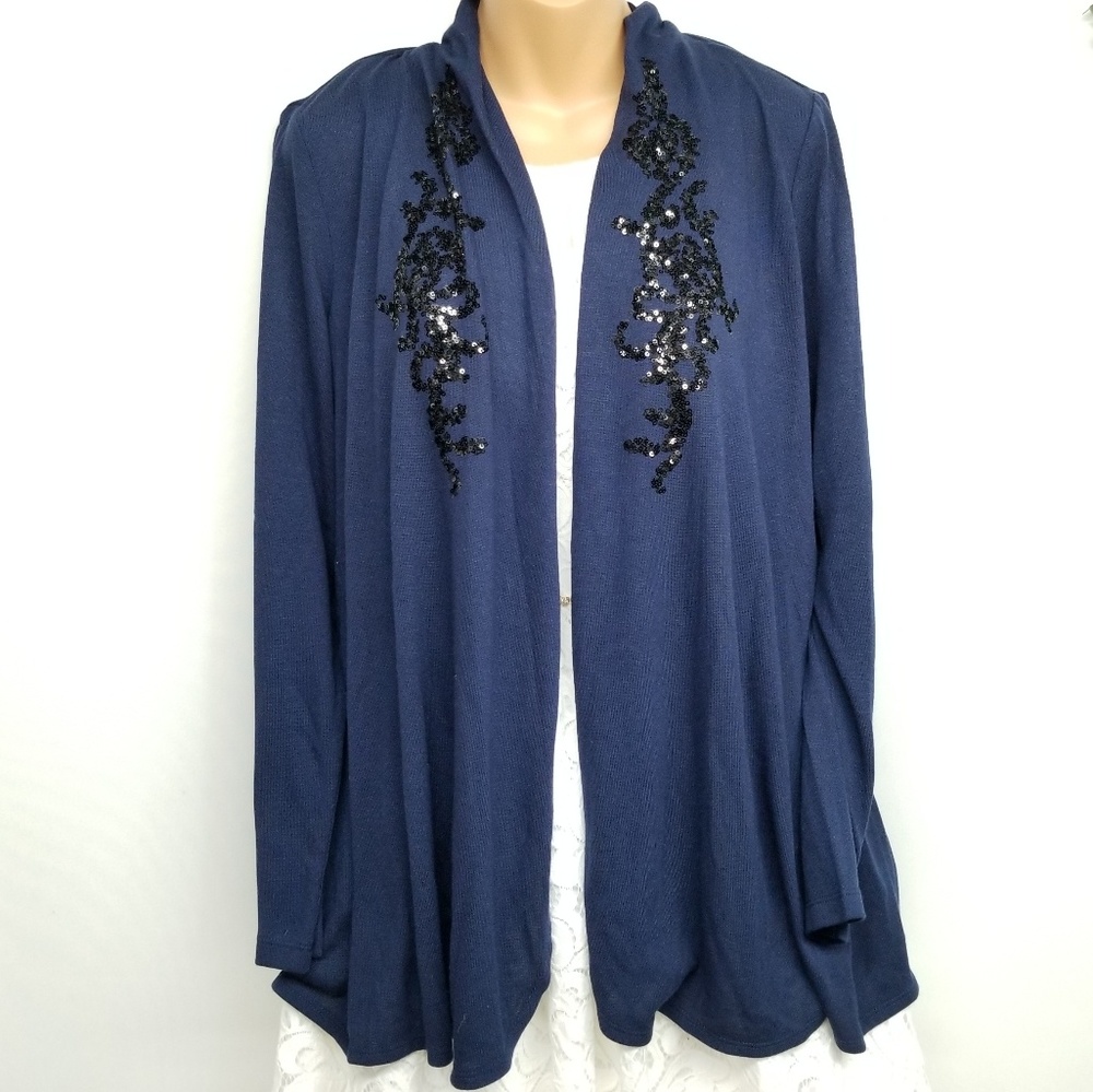 Susan Graver Navy Open Front Cardigan with Sequins